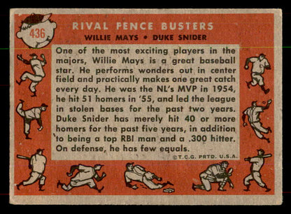 1958 Topps Baseball #436 Willie Mays Duke Snider EX 552121