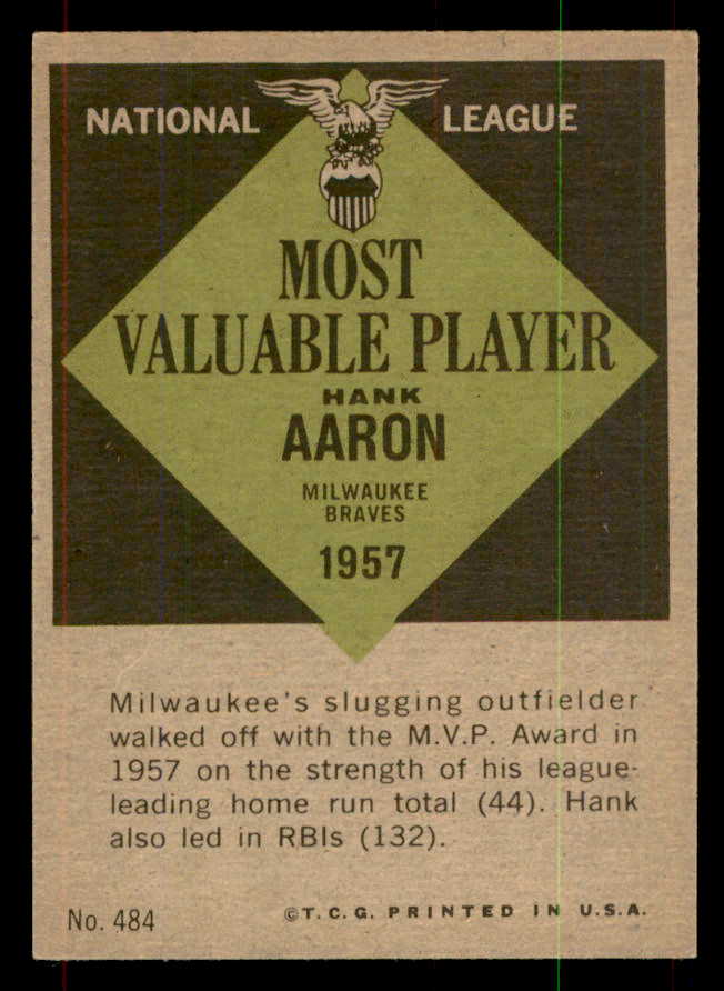 1961 Topps Baseball #484 Hank Aaron MVP Braves EX 552136