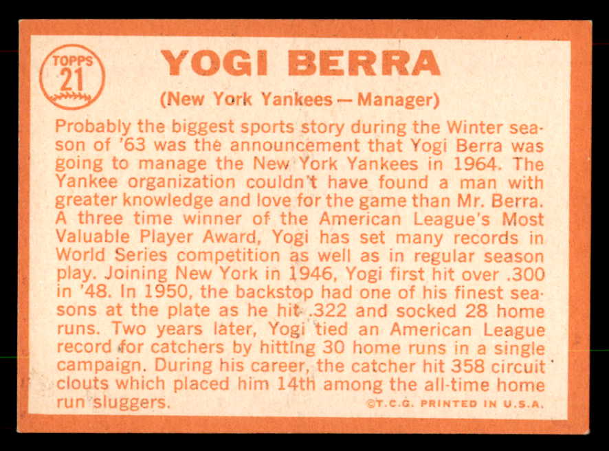 1964 Topps Baseball #021 Yogi Berra Yankees EX-MT 552148