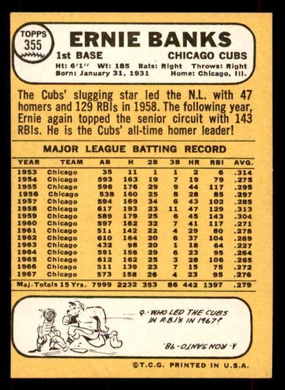 1968 Topps Baseball #355 Ernie Banks Cubs EX-MT 552156