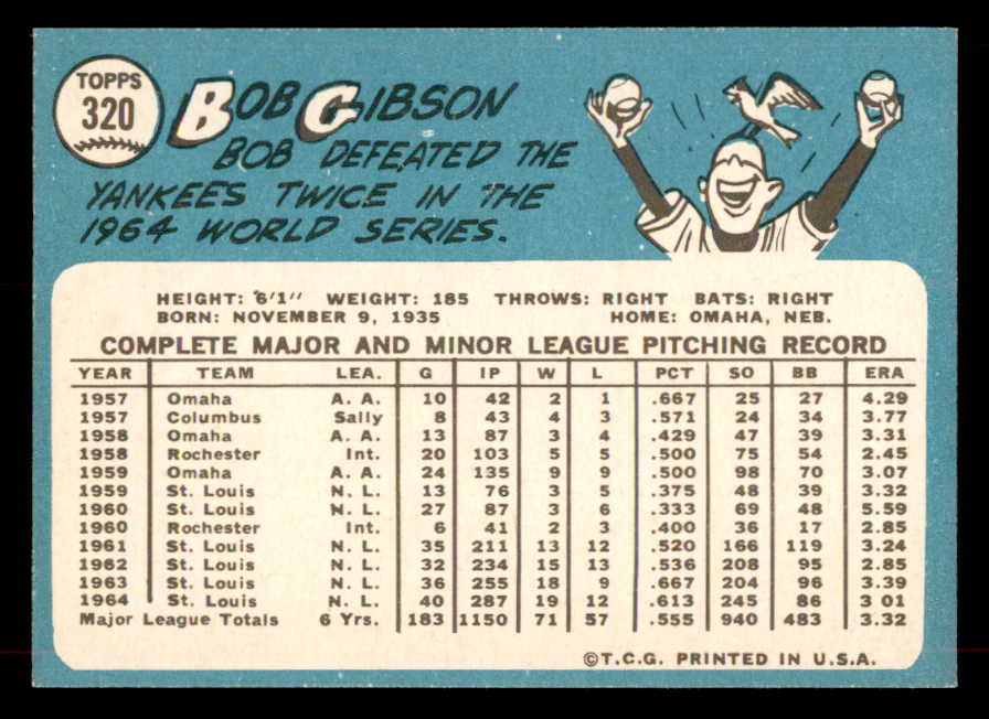 1965 Topps Baseball #320 Bob Gibson Cardinals NR-MT 552170