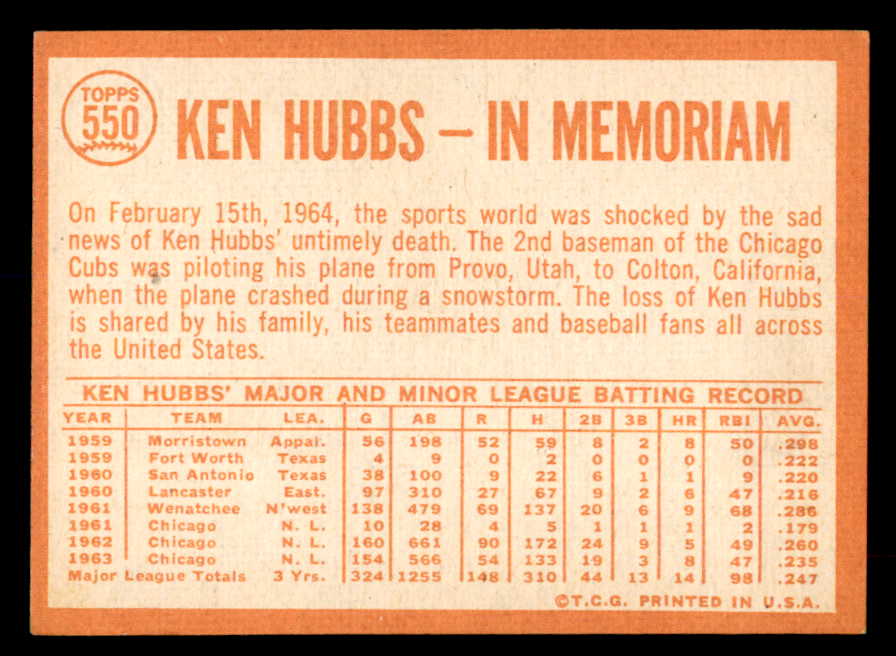 1964 Topps Baseball #550 Ken Hubbs Cubs EX-MT 552188