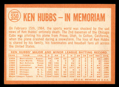 1964 Topps Baseball #550 Ken Hubbs Cubs EX-MT 552188