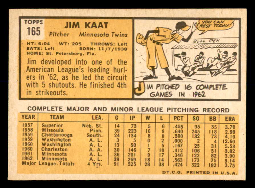 1963 Topps Baseball #165 Jim Kaat Twins EX-MT 552191