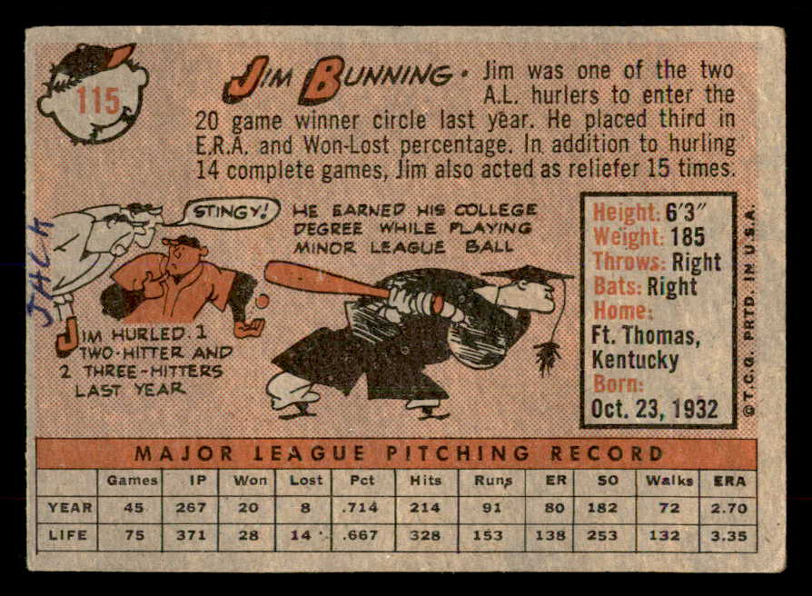 1958 Topps Baseball #115 Jim Bunning Tigers VG-EX 552205
