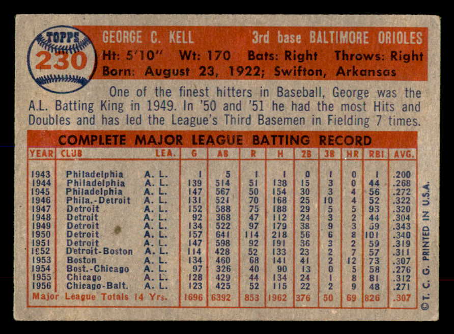 1957 Topps Baseball #230 George Kell Orioles EX 552211