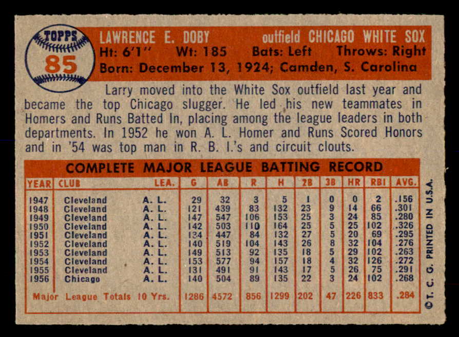 1957 Topps Baseball #085 Larry Doby White Sox EX-MT 552217