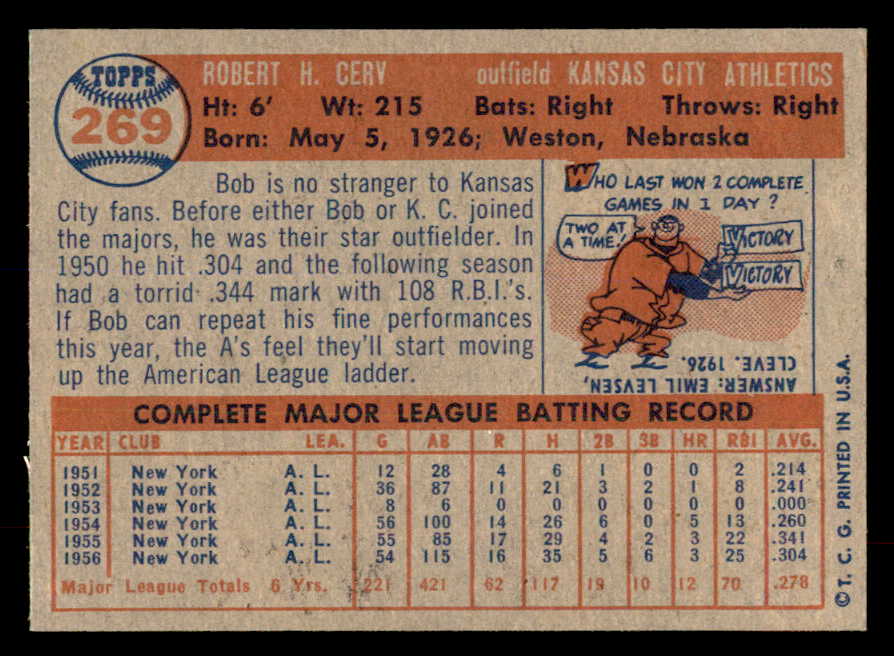 1957 Topps Baseball #269 Bob Cerv A's EX-MT 552220