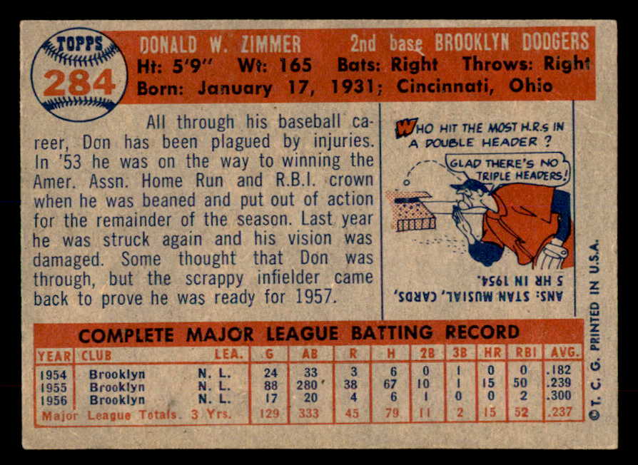 1957 Topps Baseball #284 Don Zimmer Dodgers EX+/EX-MT 552221