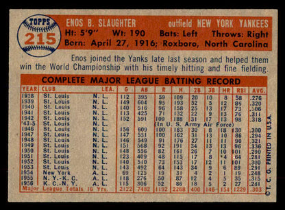 1957 Topps Baseball #215 Enos Slaughter Yankees EX-MT 552225