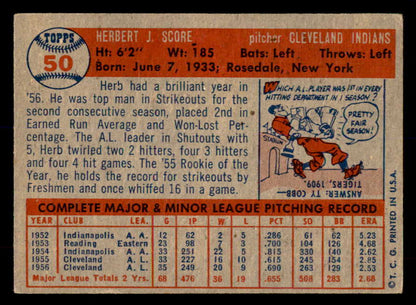 1957 Topps Baseball #050 Herb Score Indians EX 552228