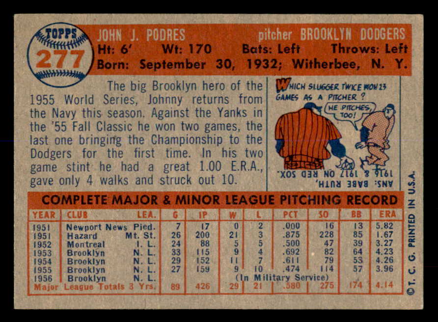 1957 Topps Baseball #277 Johnny Podres Dodgers EX-MT 552230