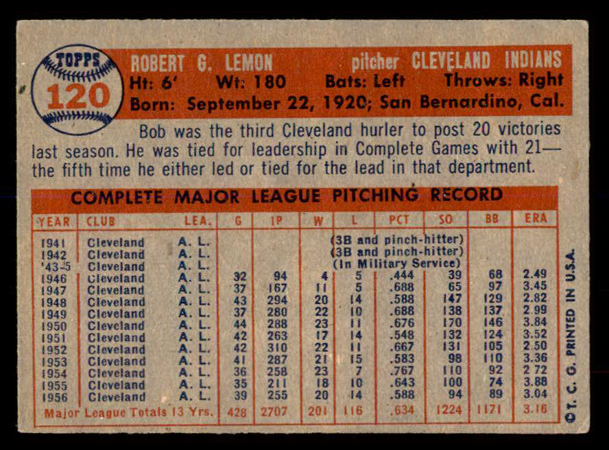1957 Topps Baseball #120 Bob Lemon Indians EX 552234