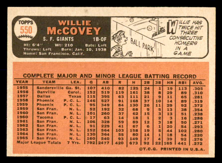 1966 Topps Baseball #550 Willie McCovey Giants EX-MT 552258