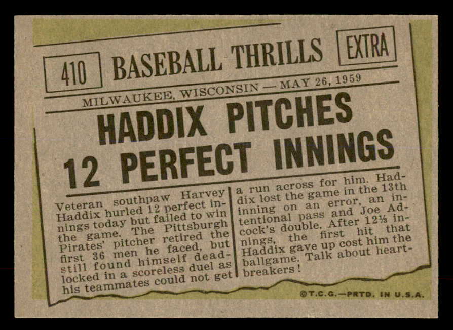 1961 Topps Baseball #410 Harvey Haddix IA Pirates NR-MT 552293