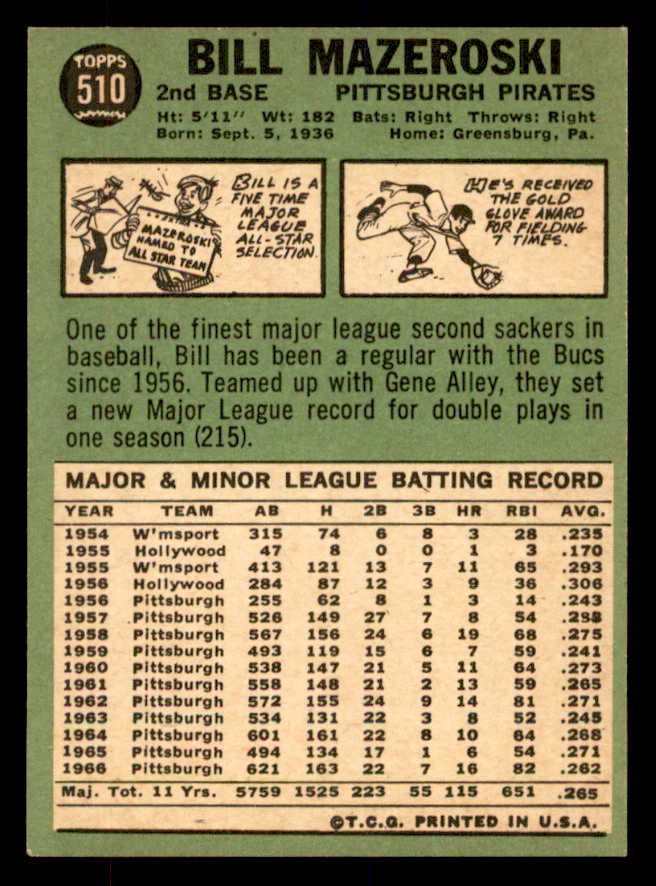 1967 Topps Baseball #510 Bill Mazeroski Pirates EX-MT 552316