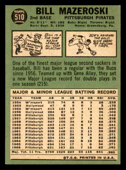1967 Topps Baseball #510 Bill Mazeroski Pirates EX-MT 552316