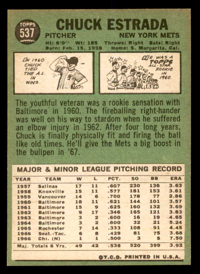 1967 Topps Baseball #537 Chuck Estrada Mets EX-MT 552370