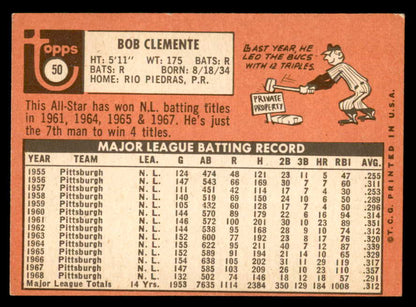 1969 Topps Baseball #050 Roberto Clemente Pirates EX 552384