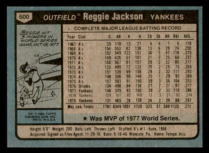 1980 Topps Baseball #600 Reggie Jackson Yankees NR-MT 552425