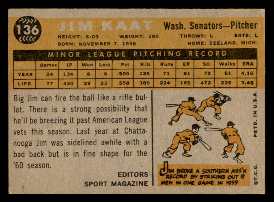 1960 Topps Baseball #136 Jim Kaat Senators EX-MT 552452