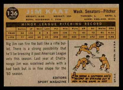 1960 Topps Baseball #136 Jim Kaat Senators EX-MT 552452