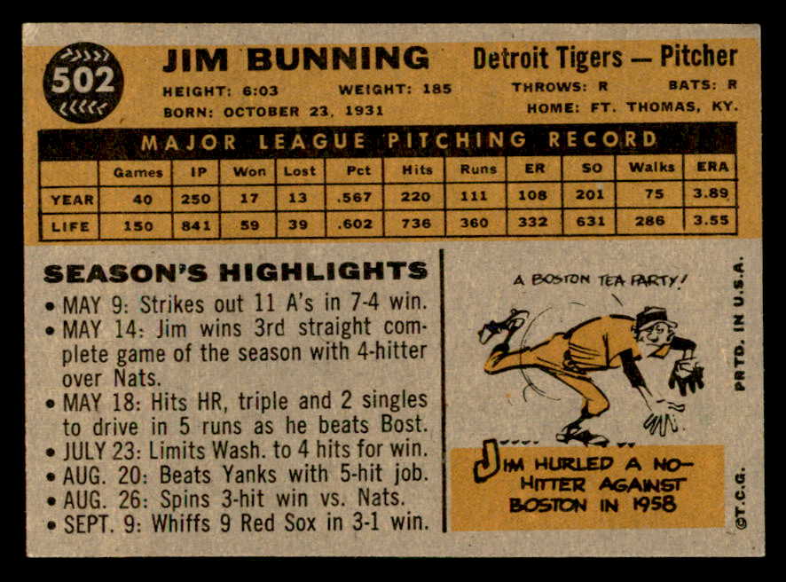 1960 Topps Baseball #502 Jim Bunning Tigers EX-MT 552459