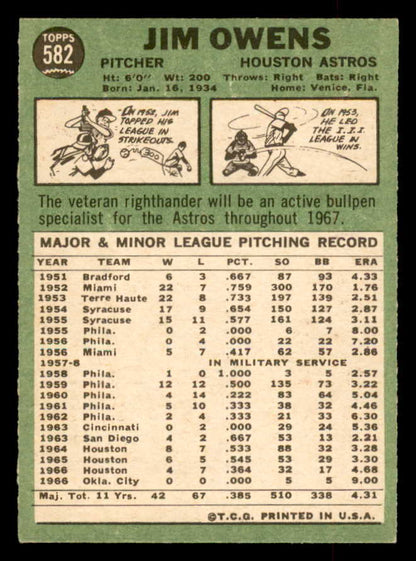 1967 Topps Baseball #582 Jim Owens Astros NR-MT 552487