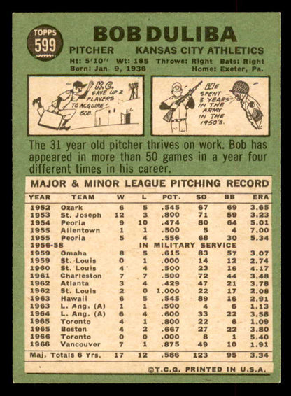 1967 Topps Baseball #599 Bob Duliba A's NR-MT 552499