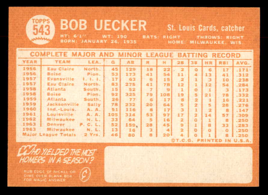 1964 Topps Baseball #543 Bob Uecker Cardinals NR-MT 552525