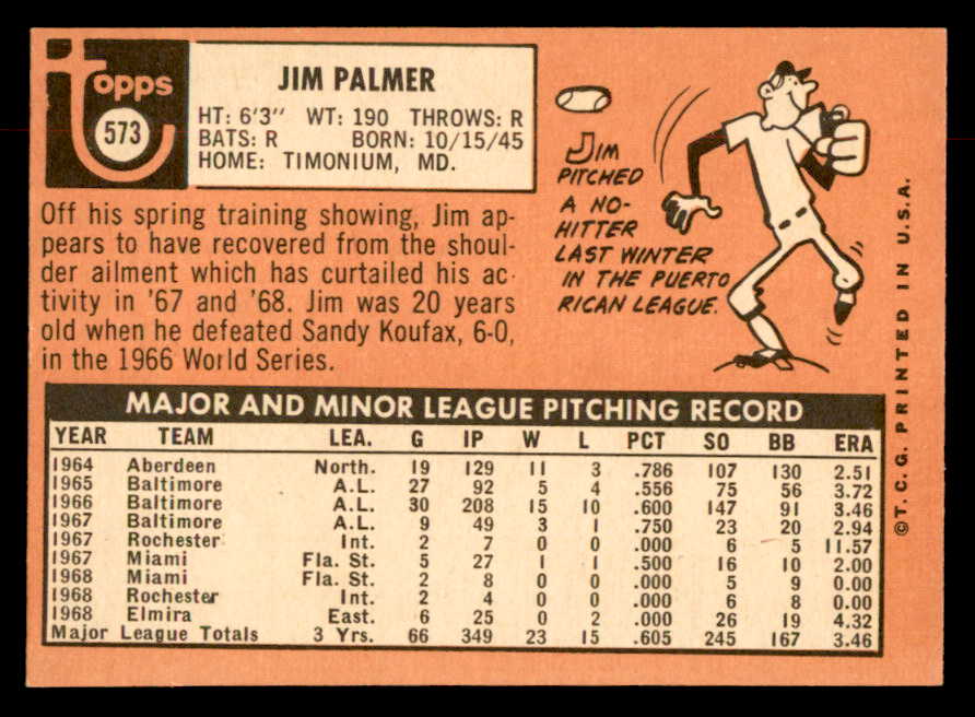 1969 Topps Baseball #573 Jim Palmer Orioles NR-MT 552536