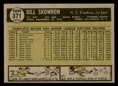 1961 Topps Baseball #371 Bill Skowron Yankees NR-MT 552546