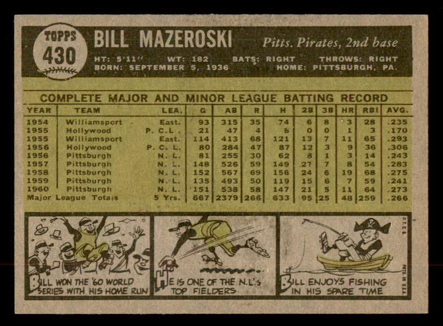 1961 Topps Baseball #430 Bill Mazeroski Pirates EX-MT 552549