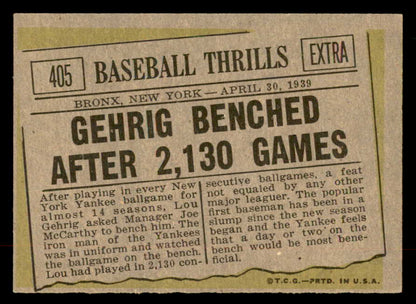 1961 Topps Baseball #405 Lou Gehrig Yankees EX-MT 552556