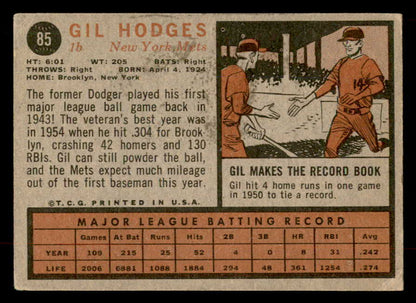 1962 Topps Baseball #085 Gil Hodges Mets VG-EX 552558