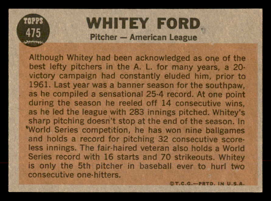 1962 Topps Baseball #475 Whitey Ford A.S. Yankees EX-MT 552565