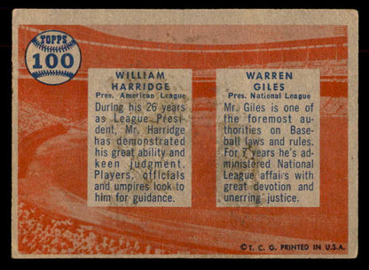 1957 Topps Baseball #100 Warren Giles William Harridge VG-EX 552613
