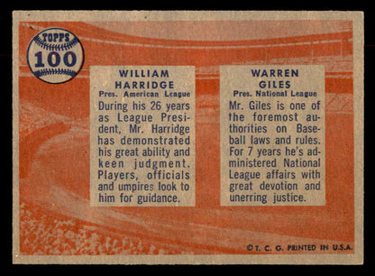 1957 Topps Baseball #100 Warren Giles William Harridge EX-MT 552614
