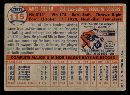 1957 Topps Baseball #115 Jim Gilliam Dodgers VG-EX 552615
