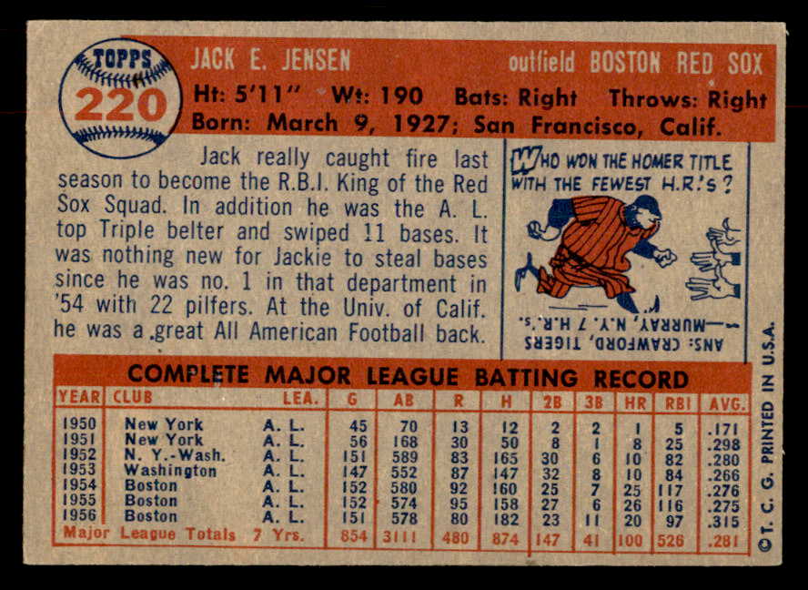 1957 Topps Baseball #220 Jackie Jensen Red Sox EX-MT 552619