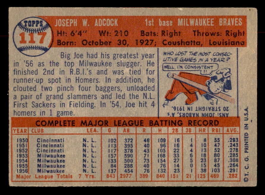 1957 Topps Baseball #117 Joe Adcock Braves VG-EX 552625