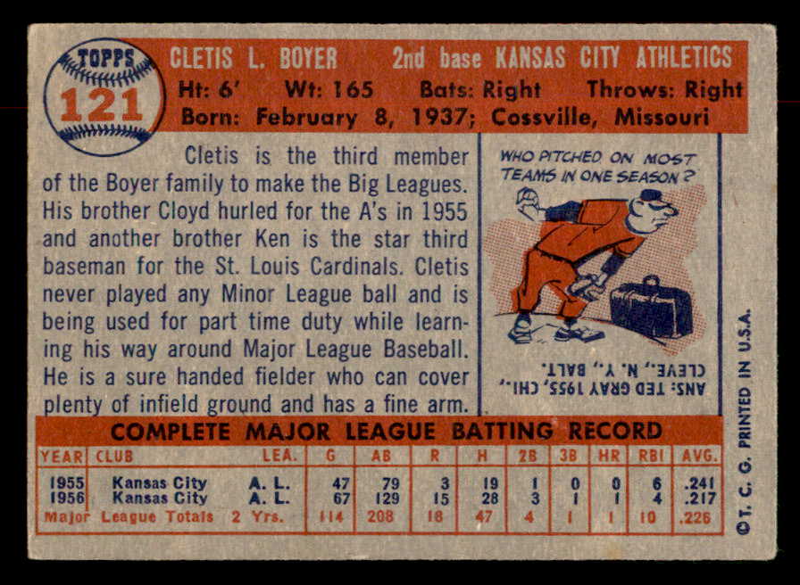 1957 Topps Baseball #121 Clete Boyer A's EX-MT 552628