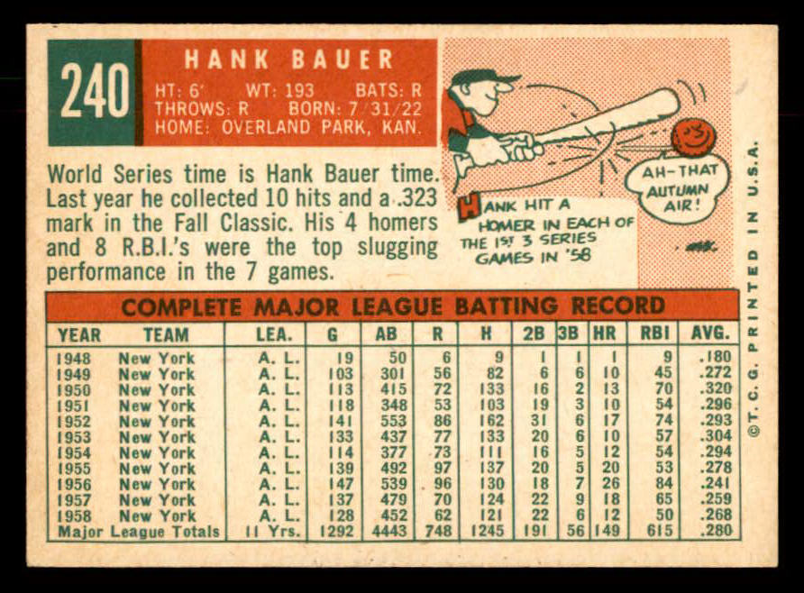 1959 Topps Baseball #240 Hank Bauer Yankees EX-MT 552637