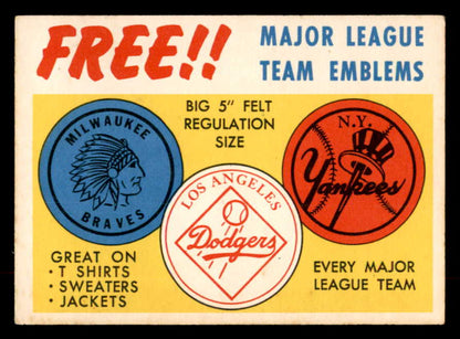 1958 Topps Baseball Felt Emblem Card EX-MT 552641