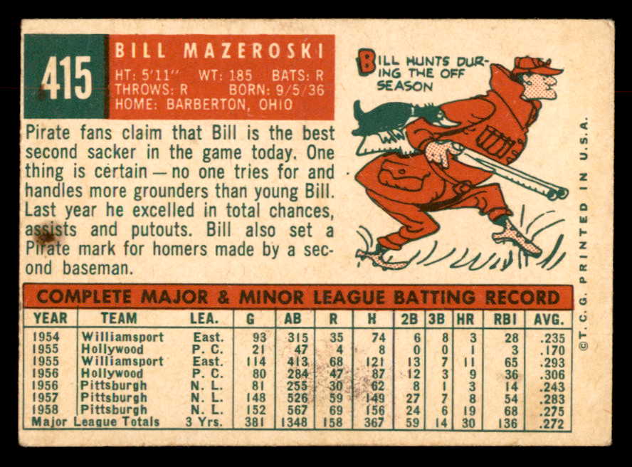 1959 Topps Baseball #415 Bill Mazeroski Pirates VG 552659
