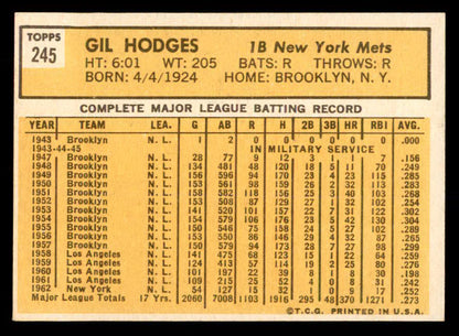 1963 Topps Baseball #245 Gil Hodges Mets NR-MT 552688