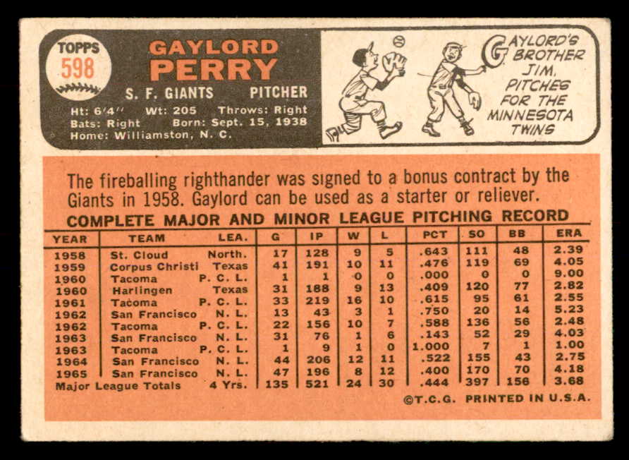 1966 Topps Baseball #598 Gaylord Perry Giants EX+/EX-MT 552702