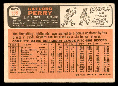 1966 Topps Baseball #598 Gaylord Perry Giants EX+/EX-MT 552702