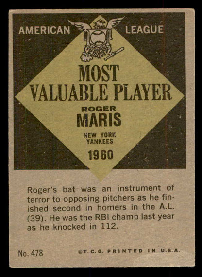 1961 Topps Baseball #478 Roger Maris MVP Yankees EX+/EX-MT 552726