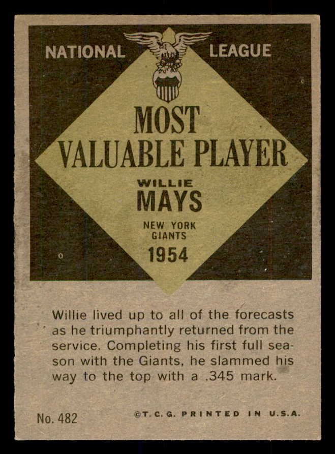 1961 Topps Baseball #482 Willie Mays MVP Giants EX-MT 552730